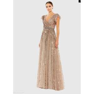 NWT Mac Duggal Sequined Wrap Over Ruffled Sleeve Gown Copper Size 14 5502 flaws